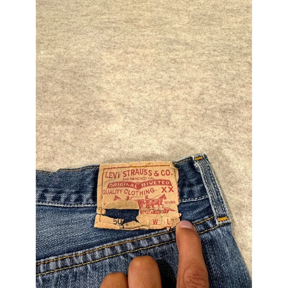 Levis 501 Original Jeans Men 38x32 Blue Whiskered Denim Straight Leg Cotton Logo